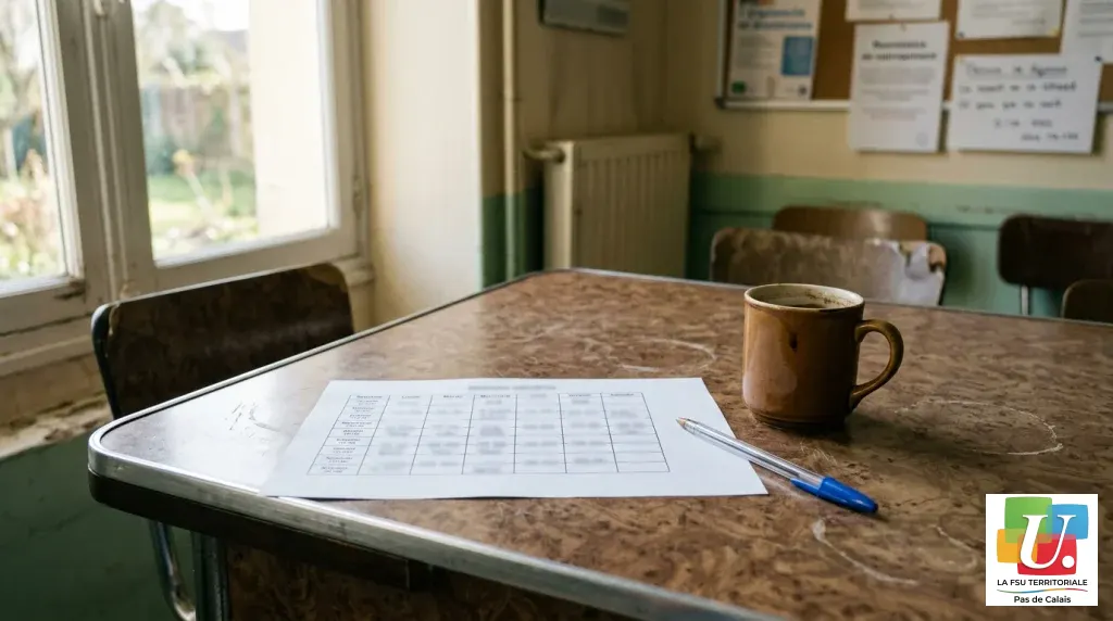 Planning hebdomadaire et stylo sur une table de salle de pause
