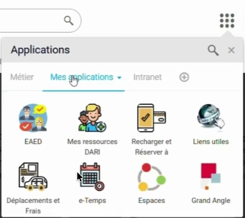 Menu Applications de l’intranet du Département, icône e-Temps