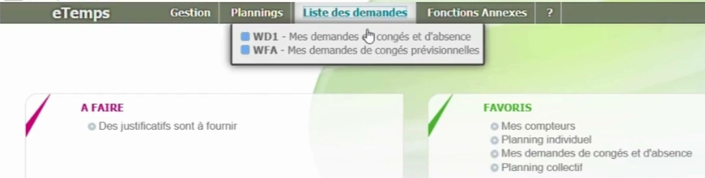 Menu Liste des demandes d’eTemps : Mes demandes de congés et d’absence