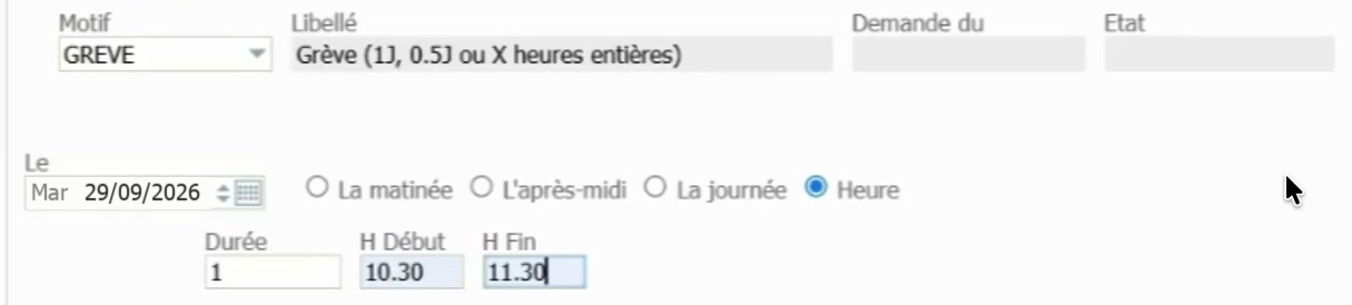 Formulaire eTemps pour déclarer une heure de grève, motif GREVE
