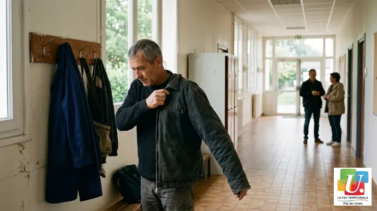 Agent technique d'un collège du Pas-de-Calais accrochant sa blouse pour rejoindre la grève du 29 septembre