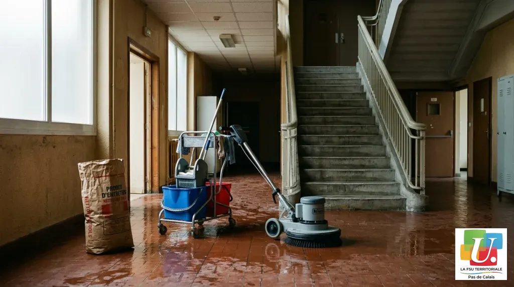 Monobrosse et chariot de ménage au pied d’un escalier de collège